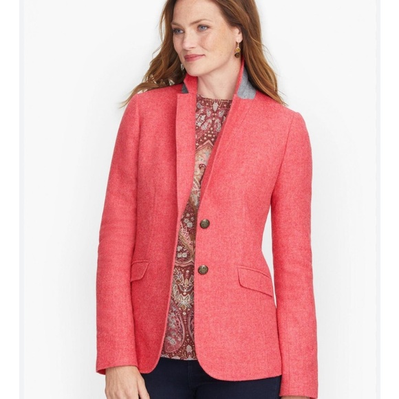 Talbots Classic Shetland Blazer Jacket Twill Pink Coral Herringbone 12 NWT - Picture 1 of 12
